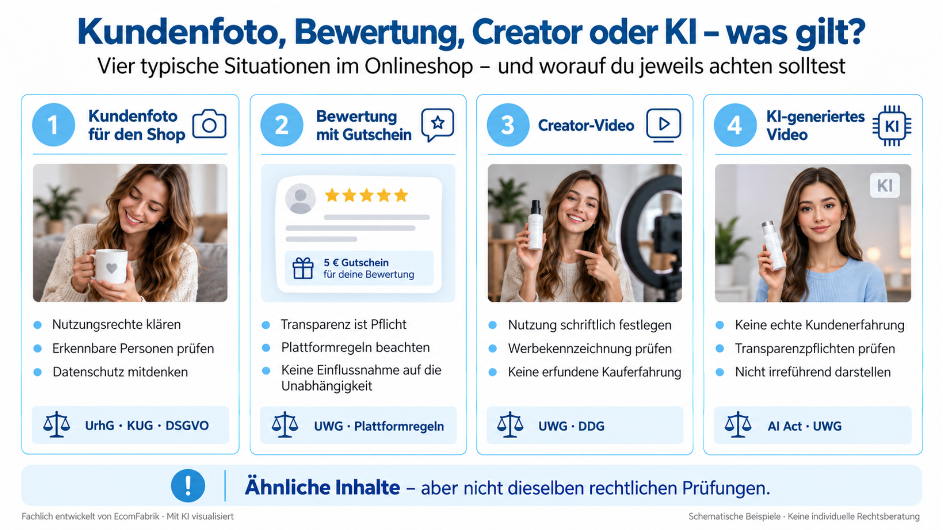 Kundenfoto, Bewertung, Creator-Content oder KI: vier rechtliche Marketing-Situationen
